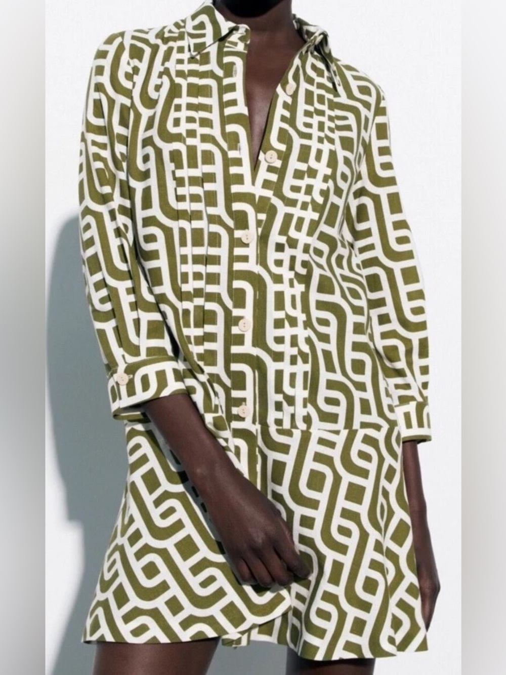 Zara Olive Green and White Geometric Mini Dress